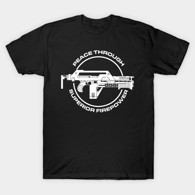 Aliens: Pulse Rifle - Peace Through Superior Firepower T-Shirt by Evarcha